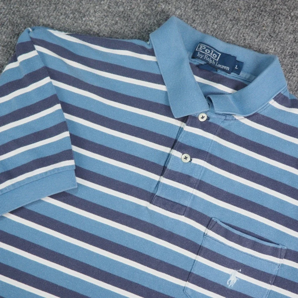 Polo Ralph Lauren Polo Shirt Mens Large Blue Striped Pocket Preppy Classic 3368